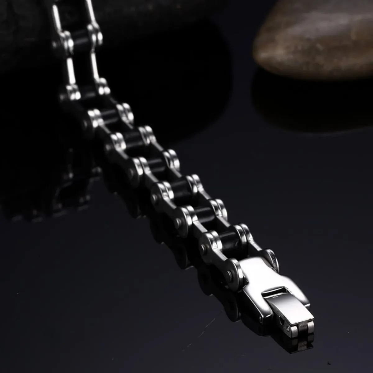 Bike Motor Cycle Chain Black Silver Stainless Steel Bracelet Men