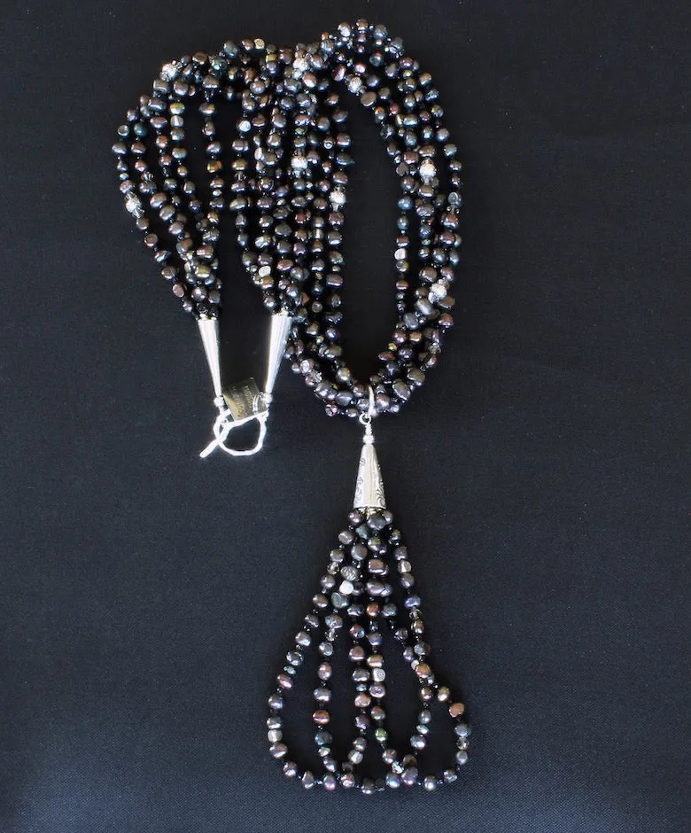 Black Nugget Pearl 5-Strand Necklace with 3-Loop Pearl & Sterling Silver Jacla, Hill Tribe Silver Beads, Black Czechoslovakian Nailheads, Swarovski Crystal Bicones, and Sterling Silver Cones & Toggle Clasp