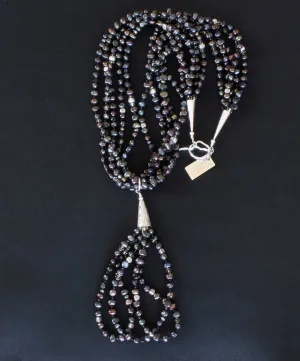 Black Nugget Pearl 5-Strand Necklace with 3-Loop Pearl & Sterling Silver Jacla, Hill Tribe Silver Beads, Black Czechoslovakian Nailheads, Swarovski Crystal Bicones, and Sterling Silver Cones & Toggle Clasp