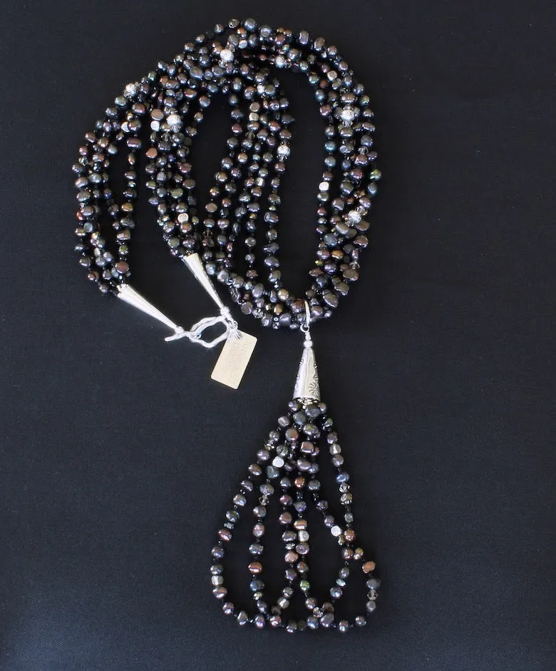 Black Nugget Pearl 5-Strand Necklace with 3-Loop Pearl & Sterling Silver Jacla, Hill Tribe Silver Beads, Black Czechoslovakian Nailheads, Swarovski Crystal Bicones, and Sterling Silver Cones & Toggle Clasp