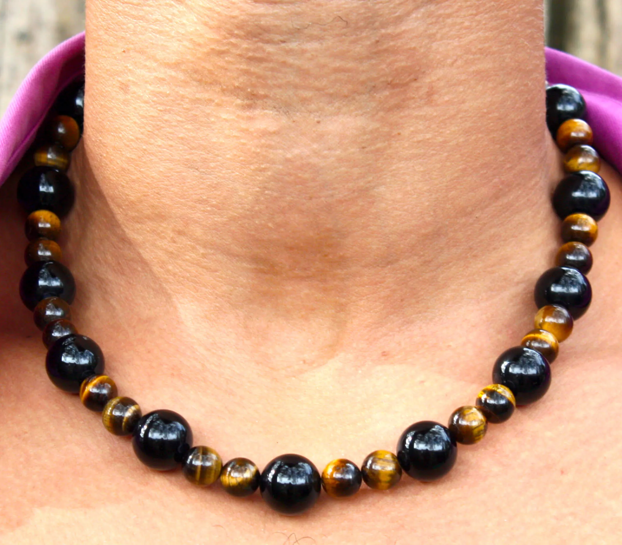 Black Onyx and Yellow Tiger Eye Necklace 24 inch