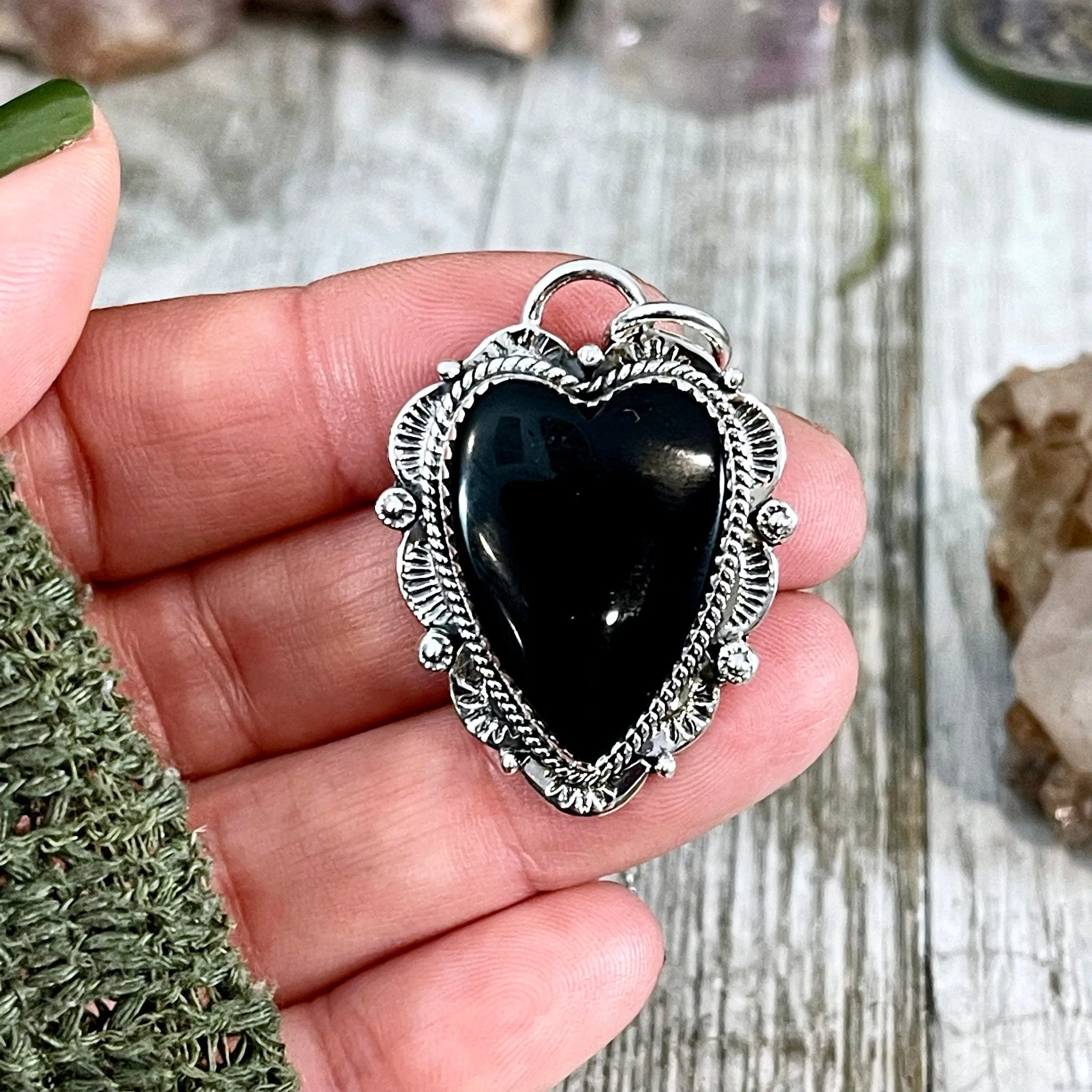 Black Onyx Crystal Heart Necklace in Sterling Silver  -Designed by FOXLARK Collection / Witchy Necklace Goth Jewelry