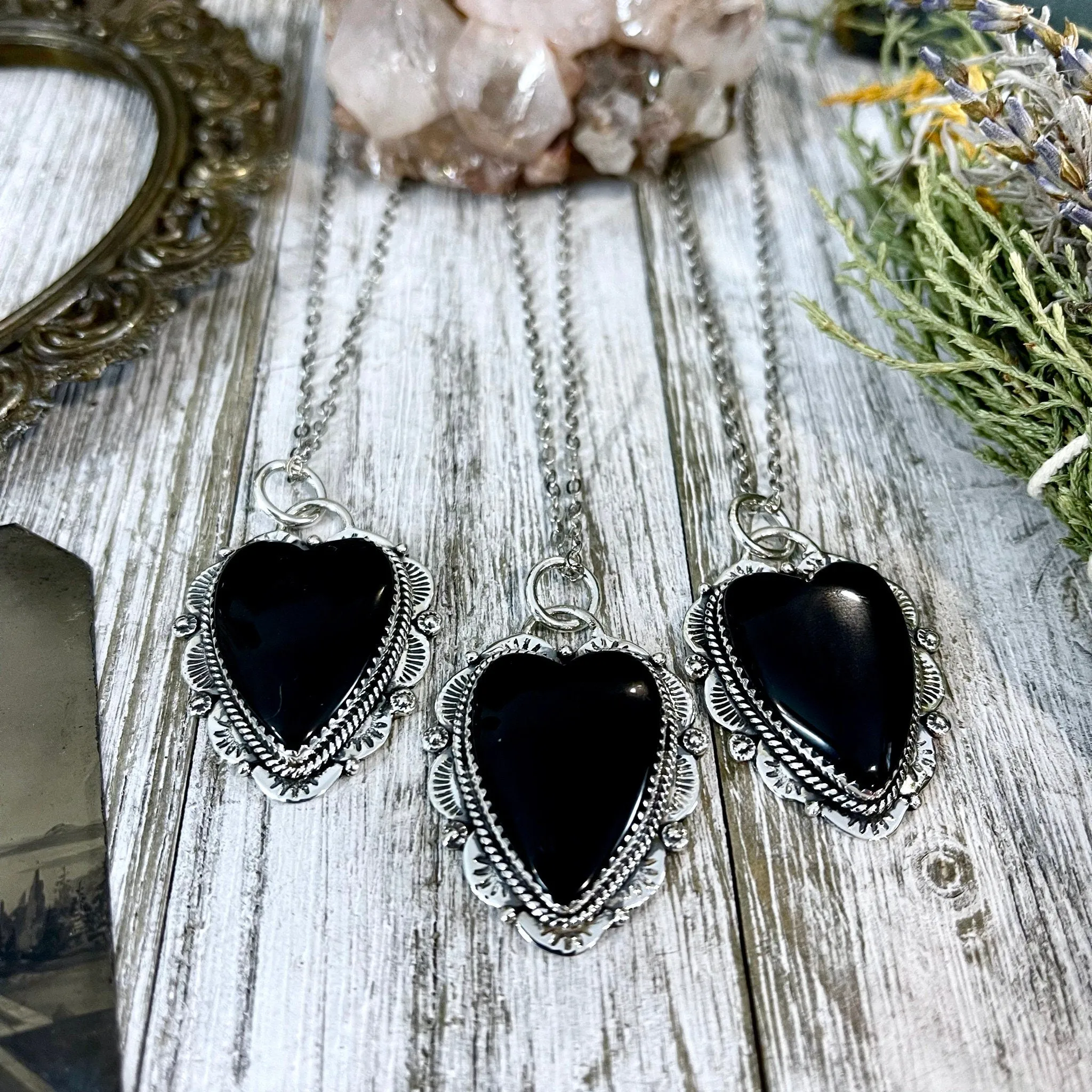 Black Onyx Crystal Heart Necklace in Sterling Silver  -Designed by FOXLARK Collection / Witchy Necklace Goth Jewelry