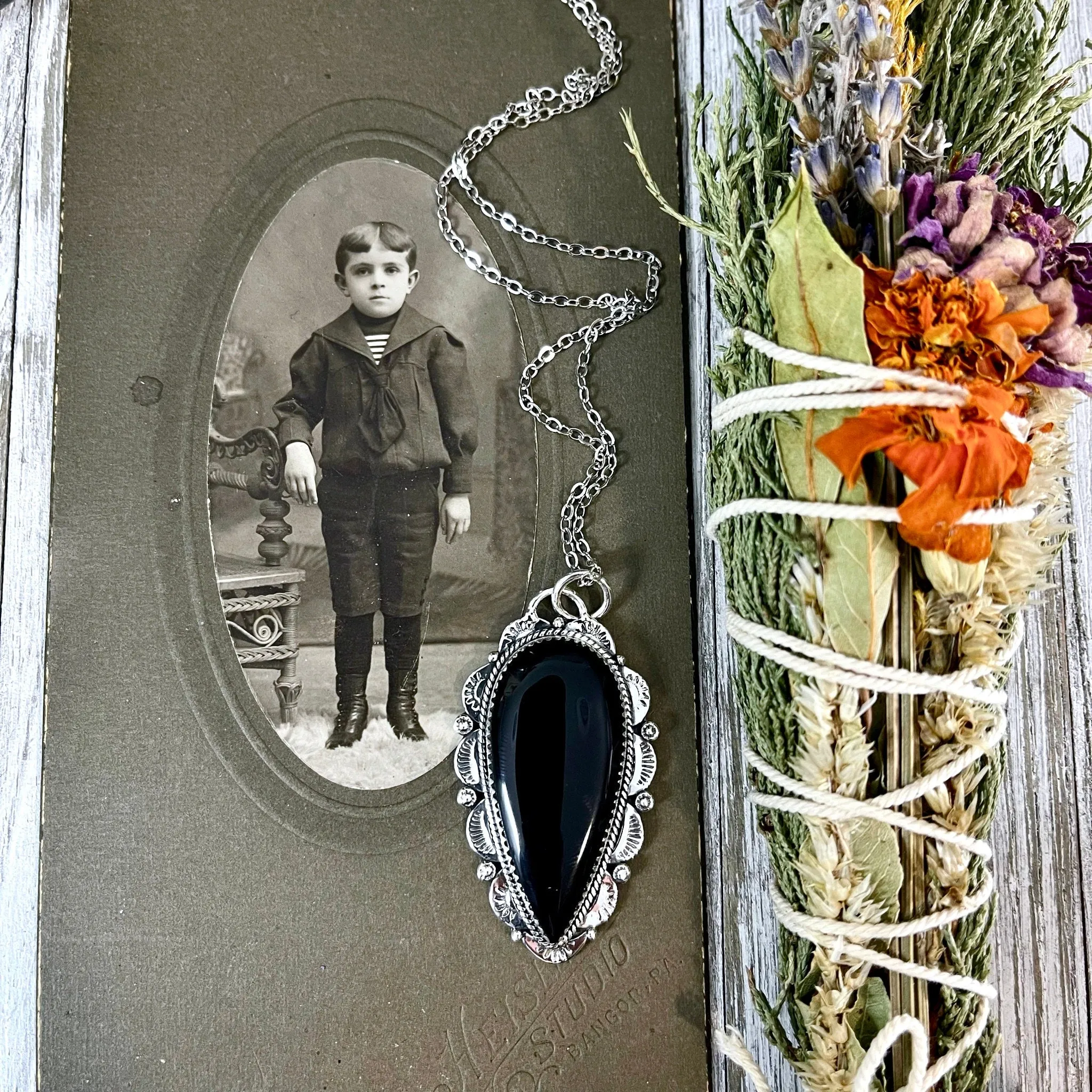 Black Onyx Crystal Teardrop Necklace in Sterling Silver  -Designed by FOXLARK Collection / Witchy Necklace Goth Jewelry