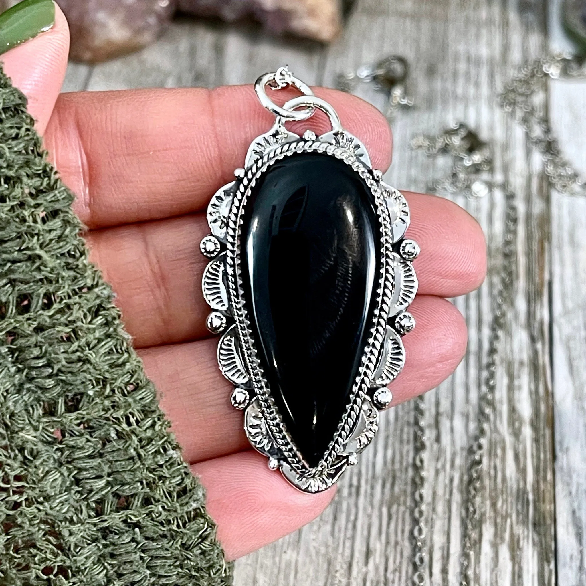 Black Onyx Crystal Teardrop Necklace in Sterling Silver  -Designed by FOXLARK Collection / Witchy Necklace Goth Jewelry