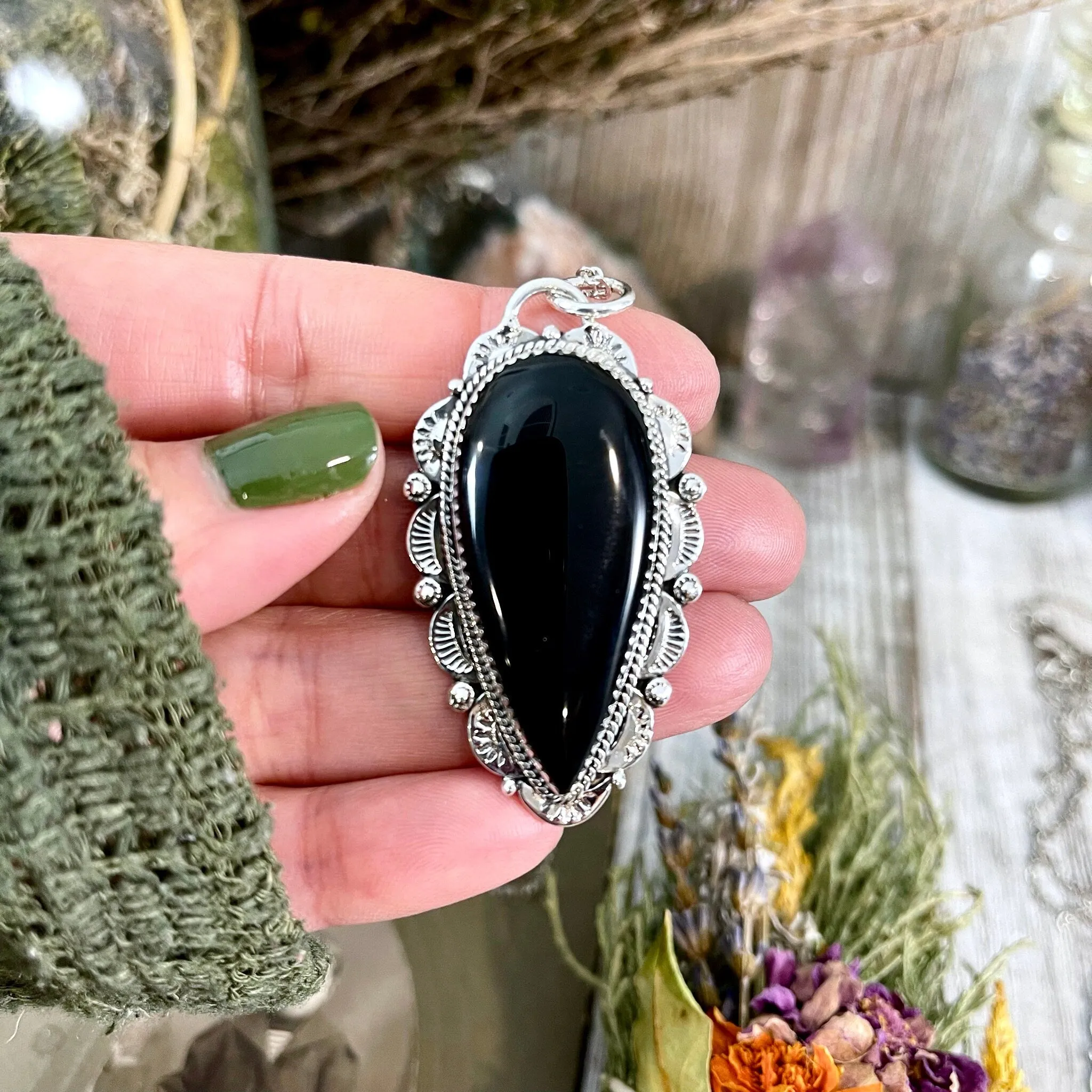 Black Onyx Crystal Teardrop Necklace in Sterling Silver  -Designed by FOXLARK Collection / Witchy Necklace Goth Jewelry