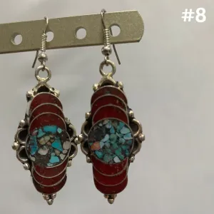 Bohemian Gypsy Vintage Tibetan Silver Yoga Coral & Turquoise Dangling Hook Earrings #8