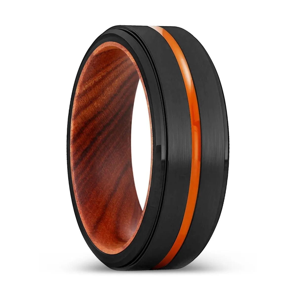 BOISE | IRON Wood, Black Tungsten Ring, Orange Groove, Stepped Edge