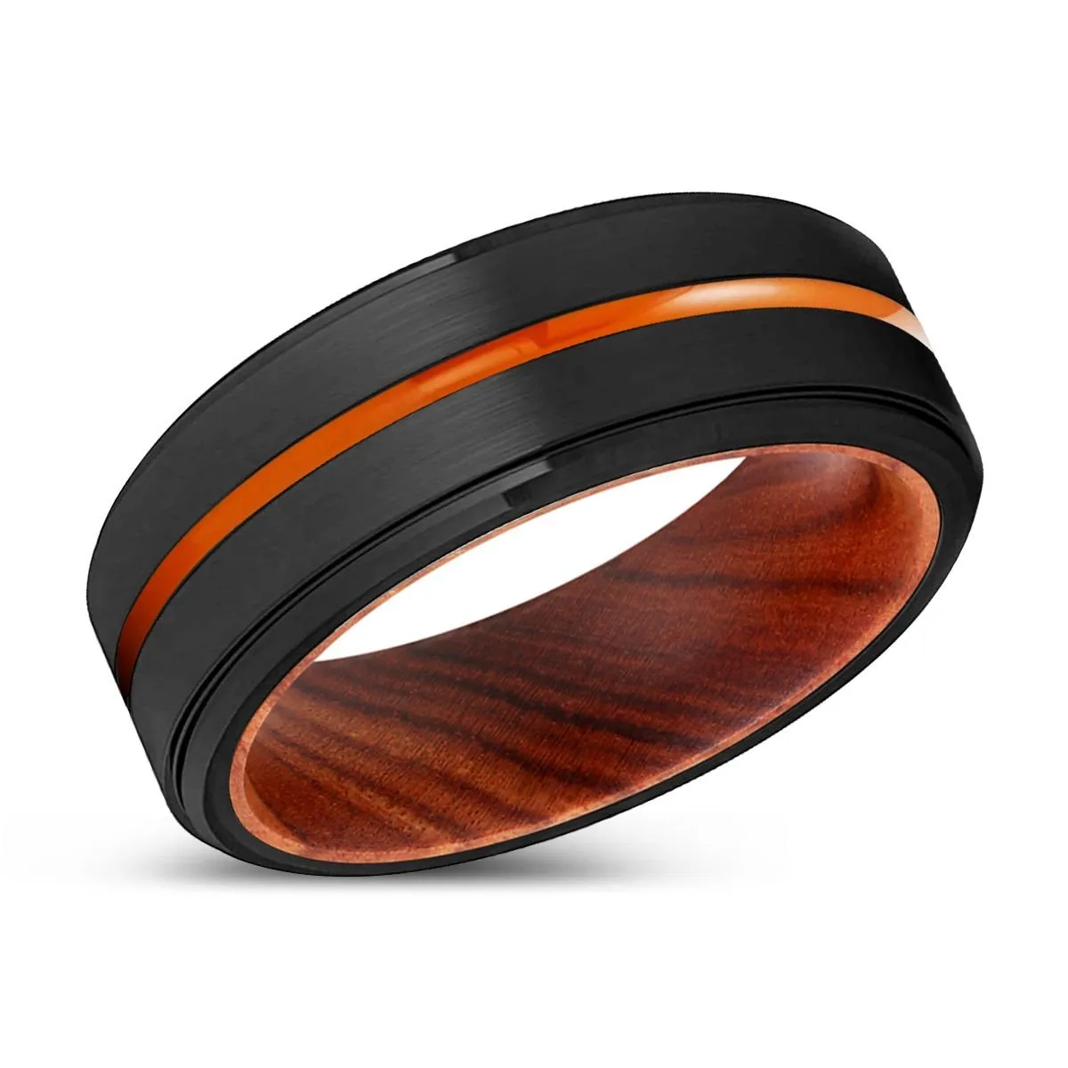 BOISE | IRON Wood, Black Tungsten Ring, Orange Groove, Stepped Edge