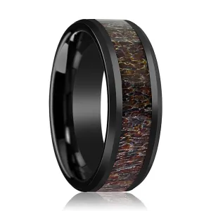 BONY | Black Ceramic Ring, Dark Brown Antler Inlay, Beveled