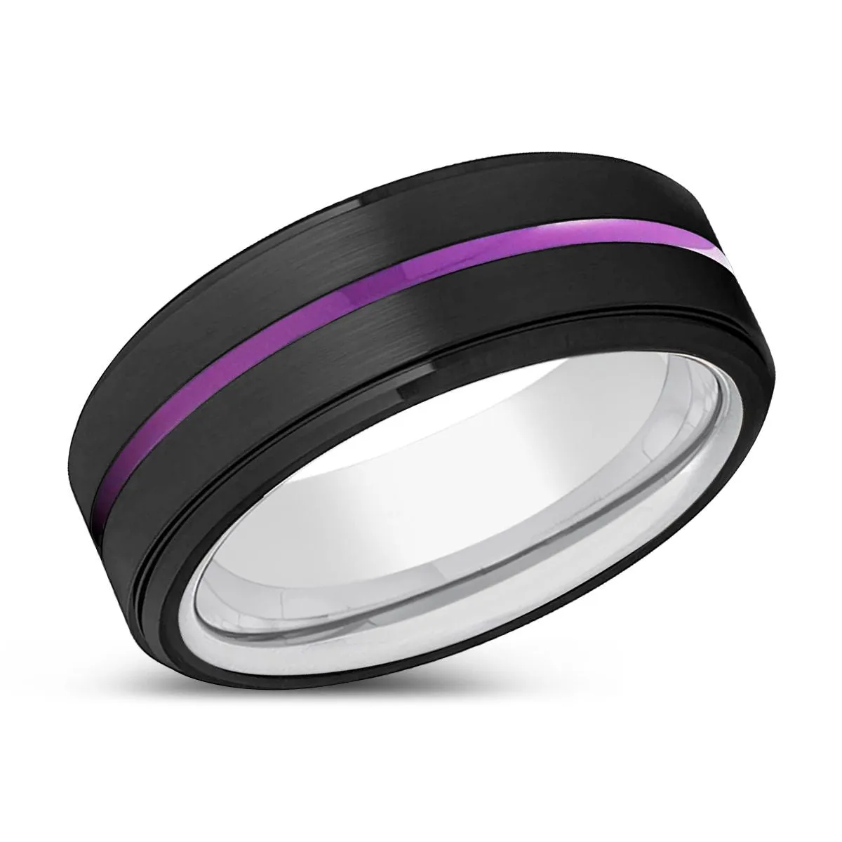 BUNBURY | Silver Ring, Black Tungsten Ring, Purple Groove, Stepped Edge