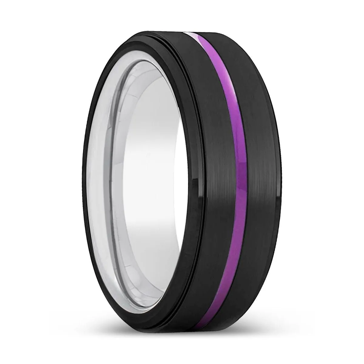 BUNBURY | Silver Ring, Black Tungsten Ring, Purple Groove, Stepped Edge