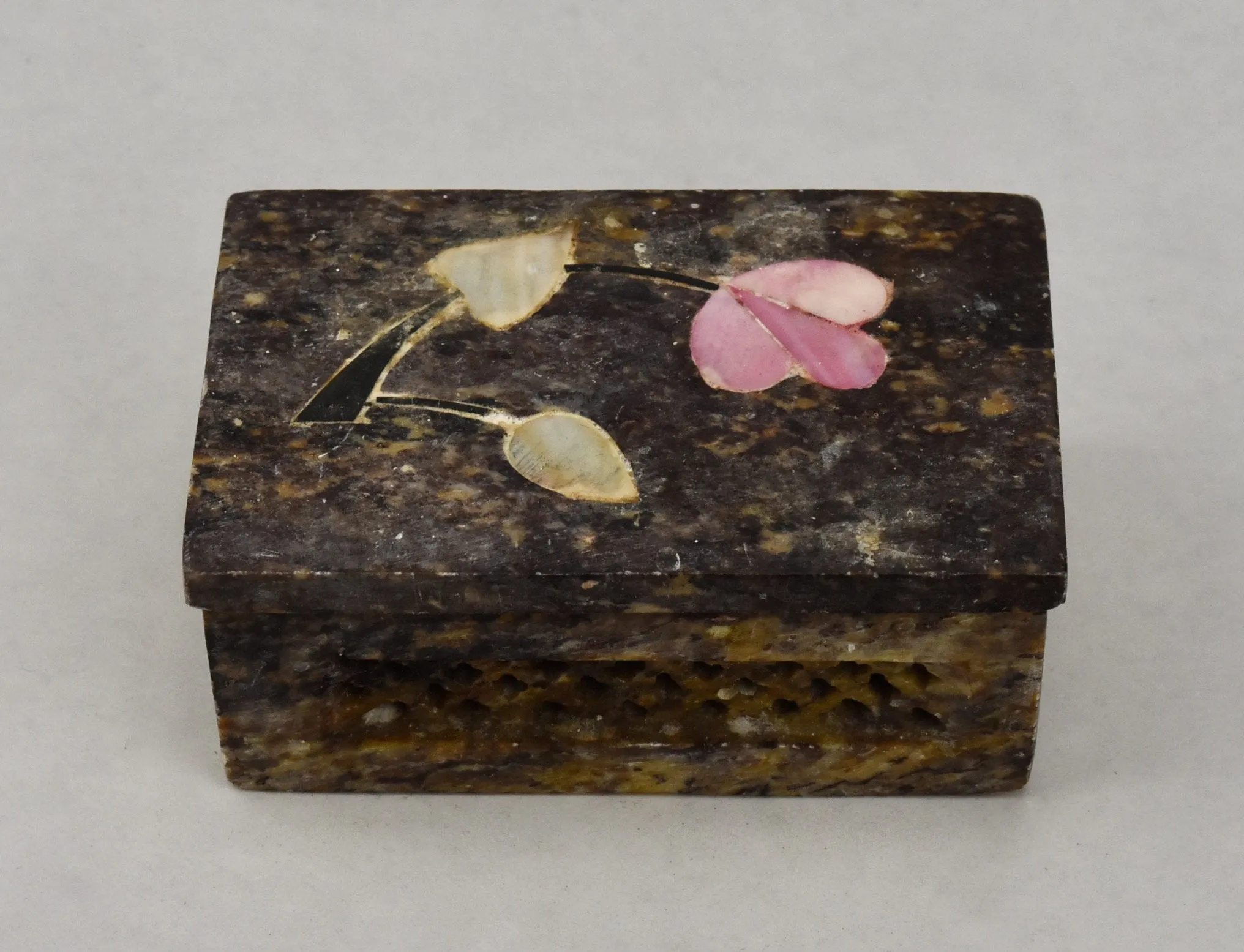 Carved Stone Trinket Box with Floral Inlay