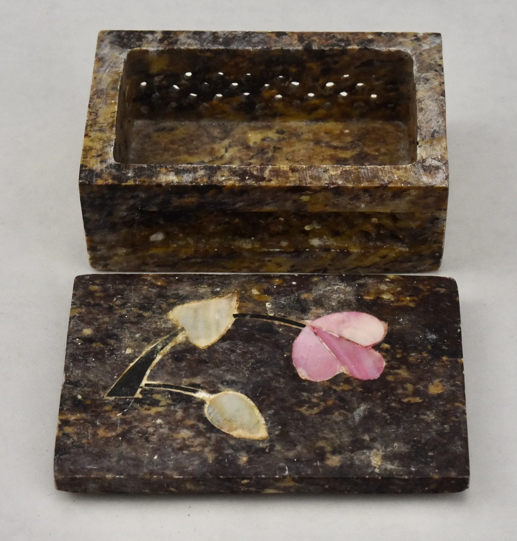 Carved Stone Trinket Box with Floral Inlay