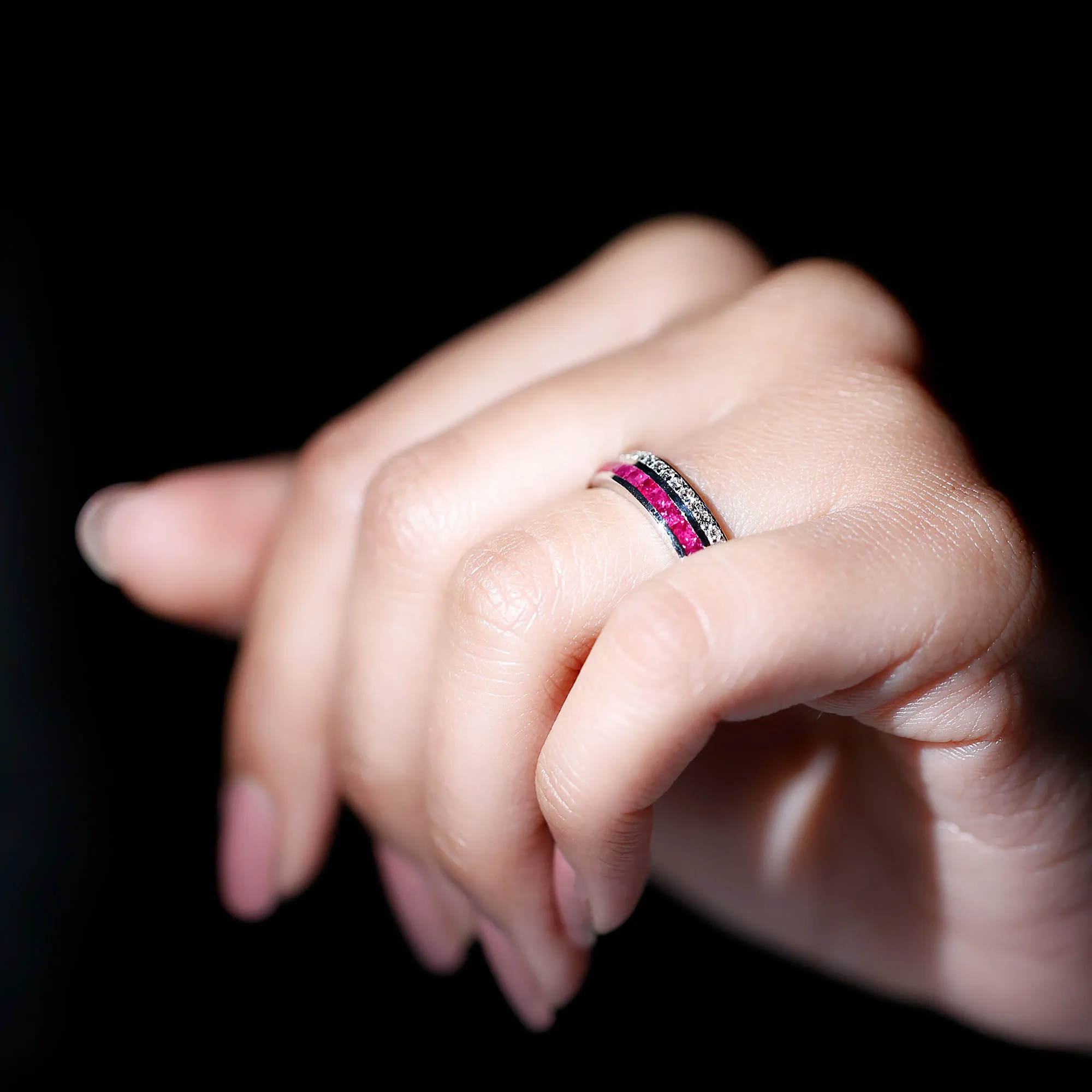 Classic Ruby and Diamond Two Row Half Eternity Band Ring