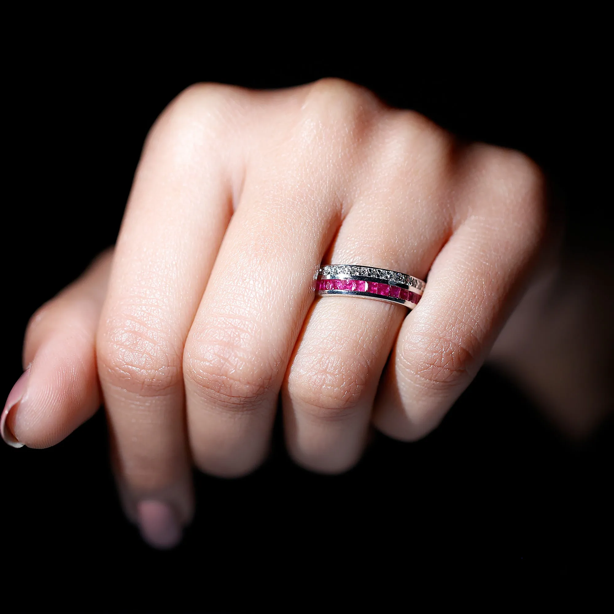 Classic Ruby and Diamond Two Row Half Eternity Band Ring