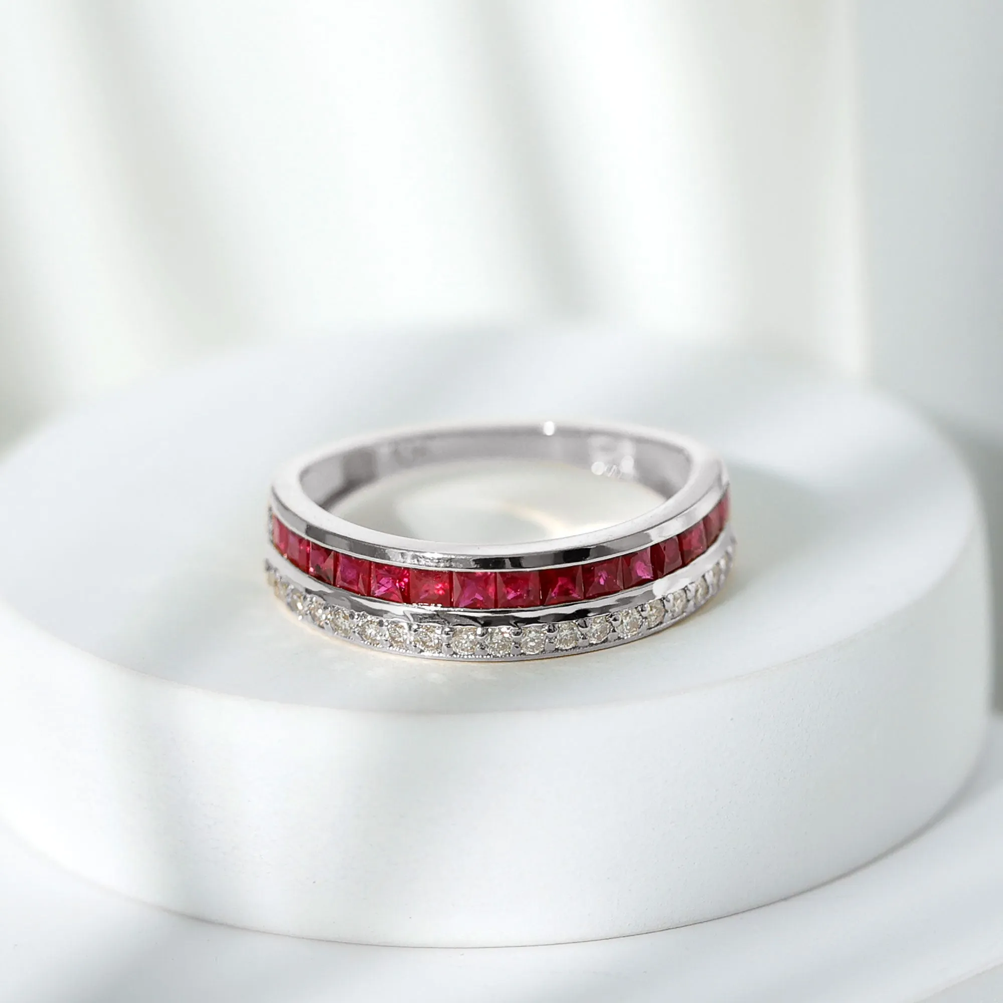 Classic Ruby and Diamond Two Row Half Eternity Band Ring