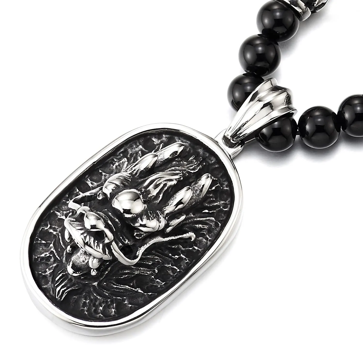 COOLSTEELANDBEYOND Mens Embossed Dragon Head Pendant Necklace, Black Onyx Beads Chain Stainless Steel Blackened Dog Tag