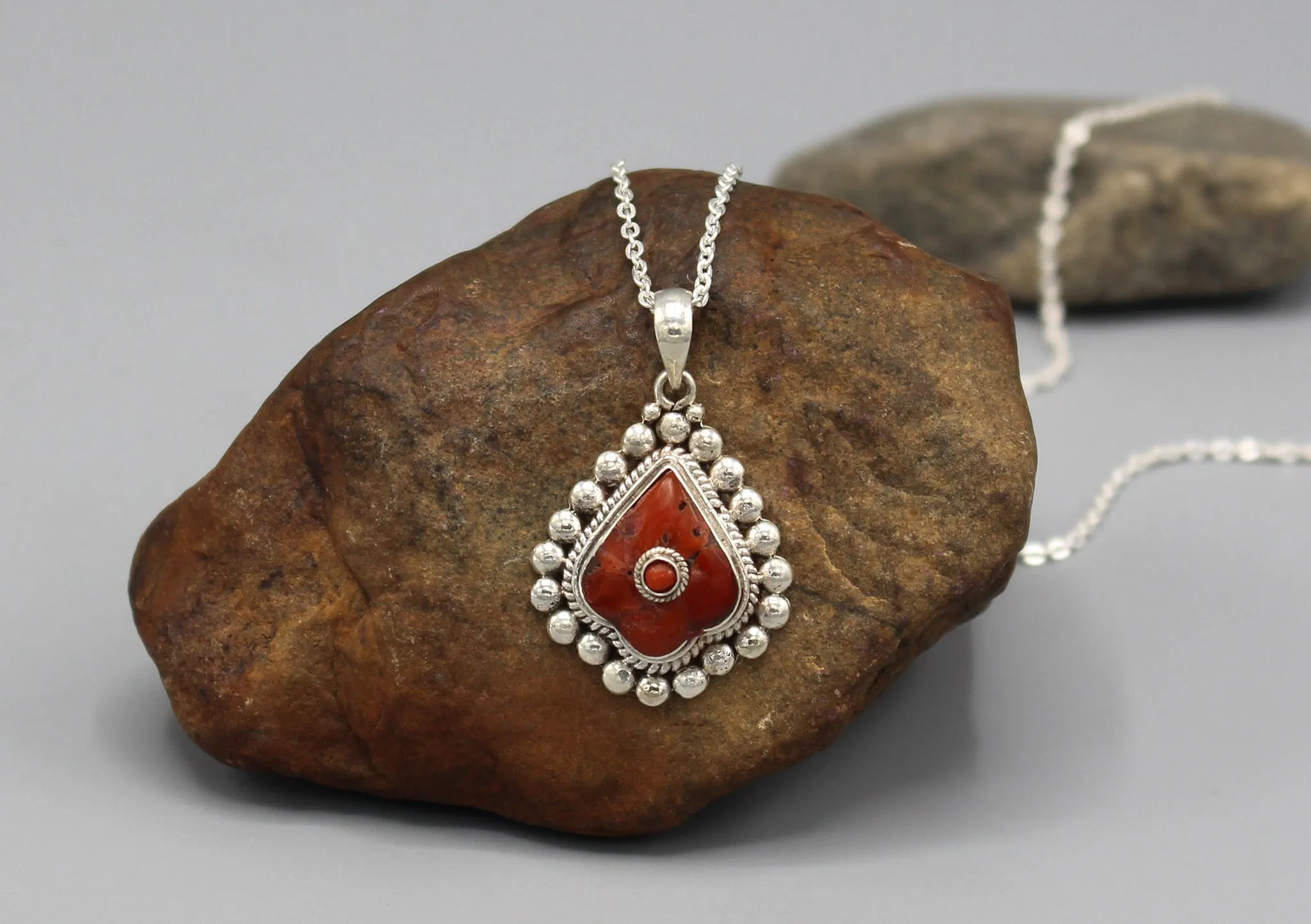 Coral Inlaid Tear Drop Sterling Silver Pendant