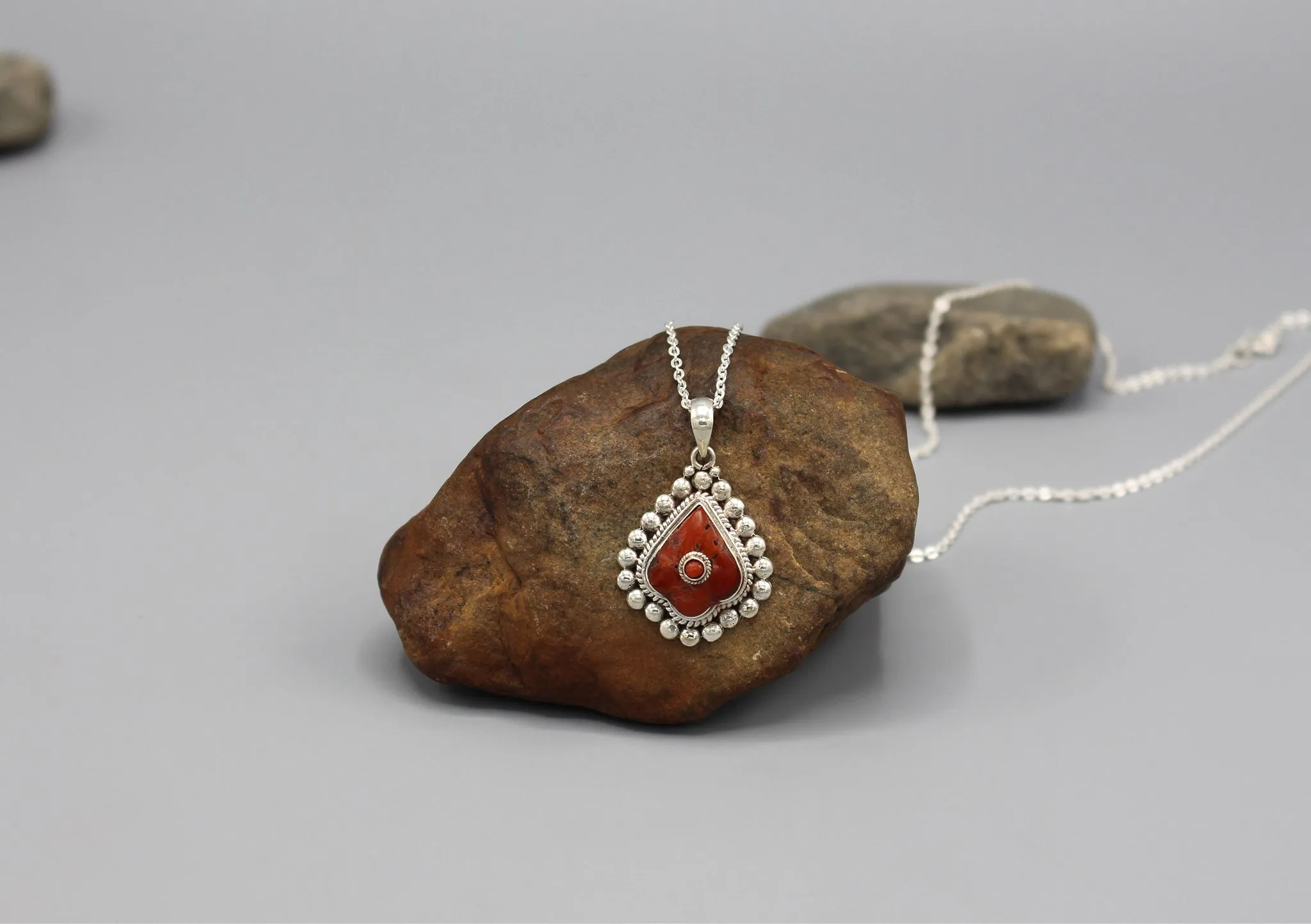 Coral Inlaid Tear Drop Sterling Silver Pendant