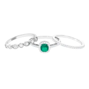 Cushion Cut Emerald Stackable Ring Set with Moissanite