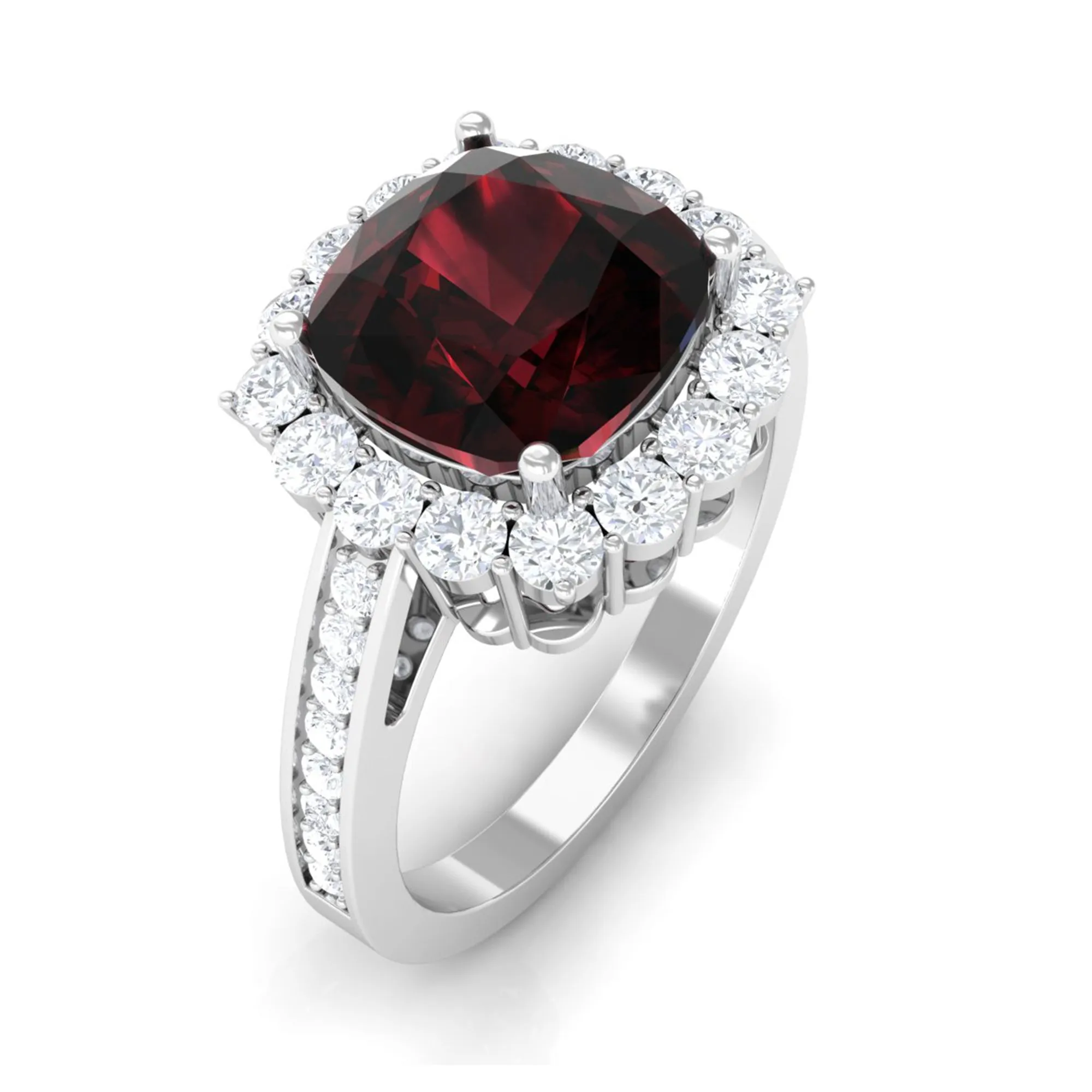 Cushion Cut Garnet Halo Engagement Ring with Diamond