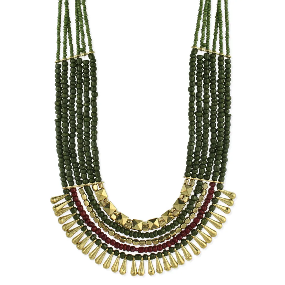 Dark Green Bead Gold Dangle Necklace