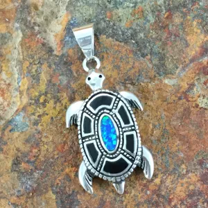 David Rosales Black Beauty Fancy Inlaid Sterling Silver Pendant Turtle