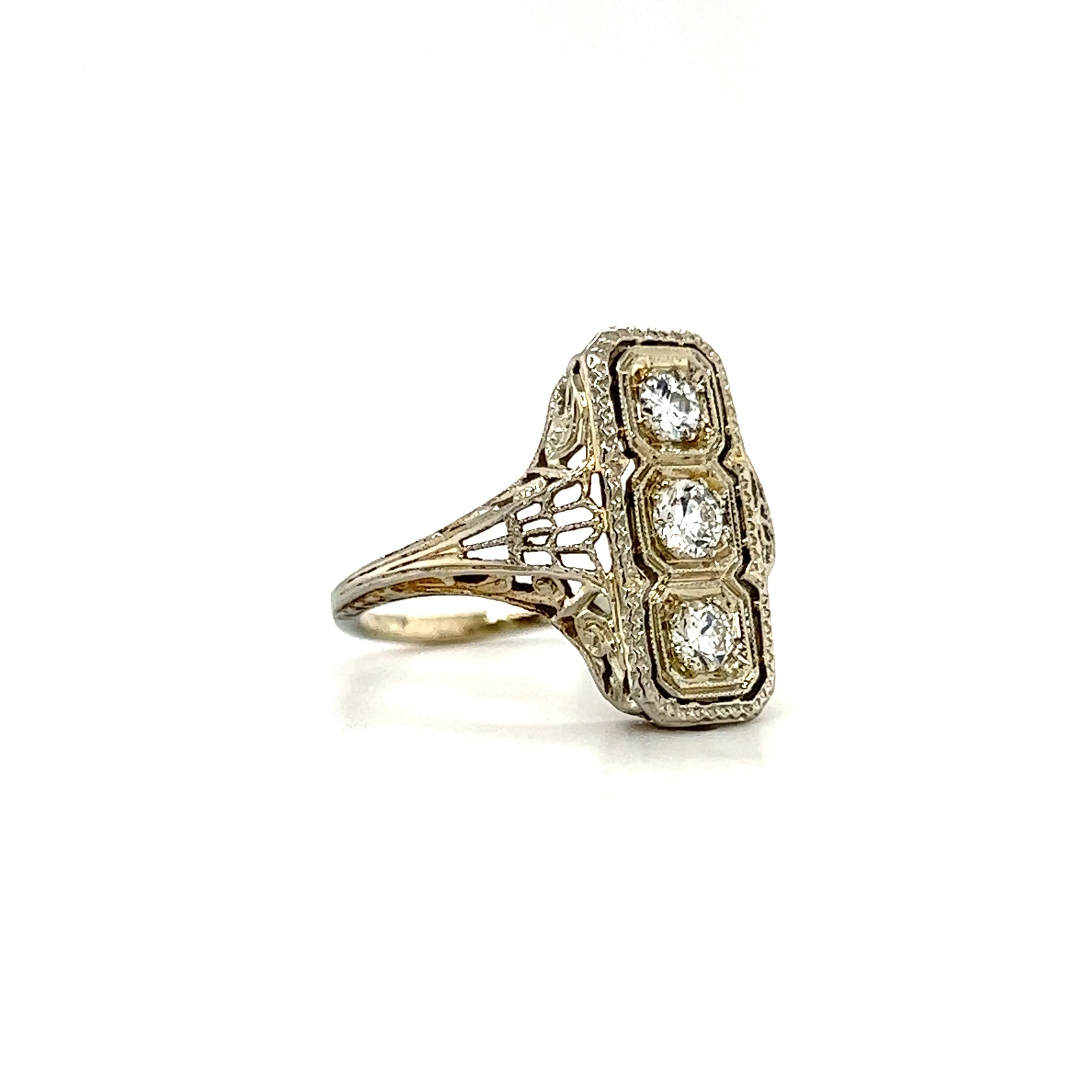 Diamond Rectangular Ring with Filigree and Milgrain in 18K White Gold