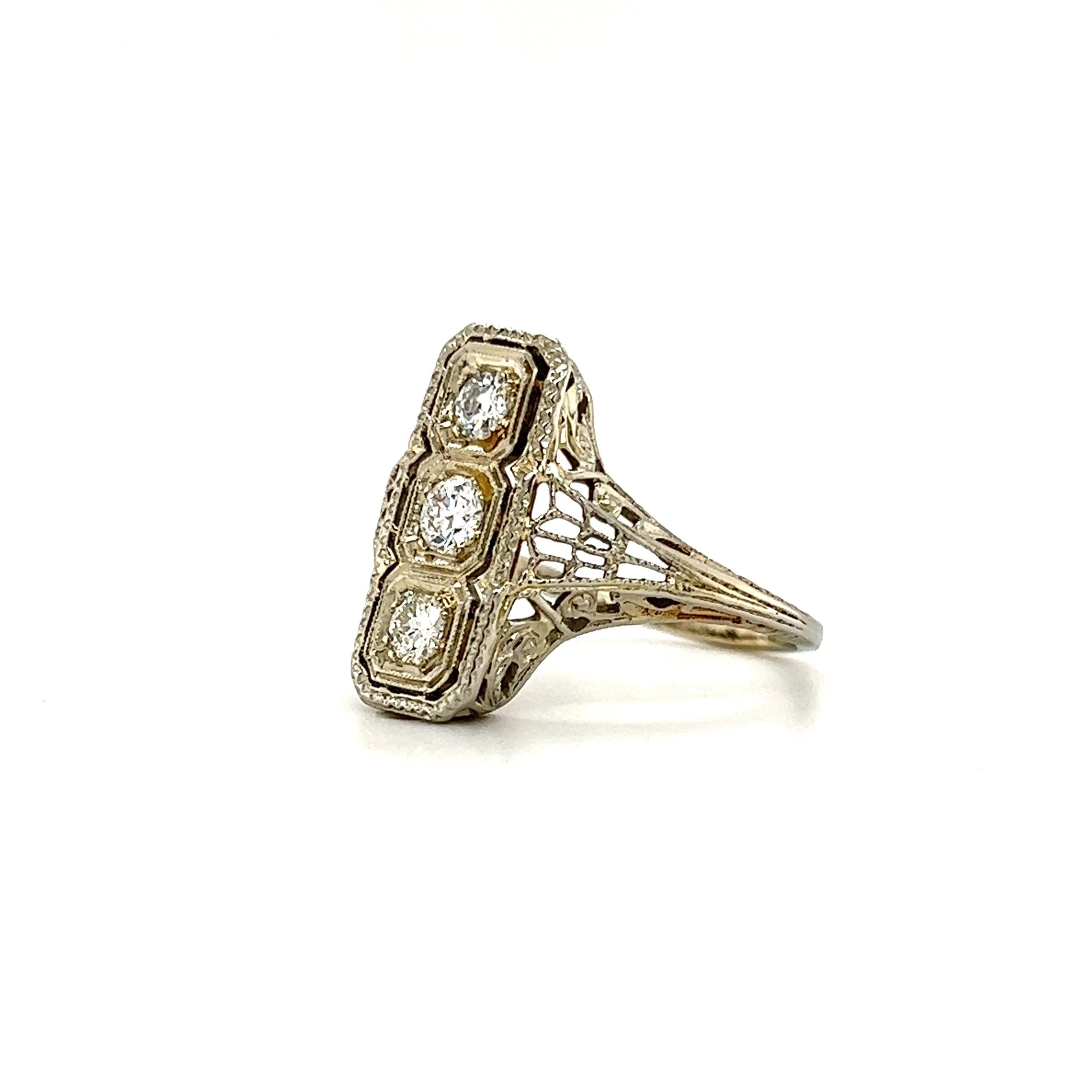 Diamond Rectangular Ring with Filigree and Milgrain in 18K White Gold