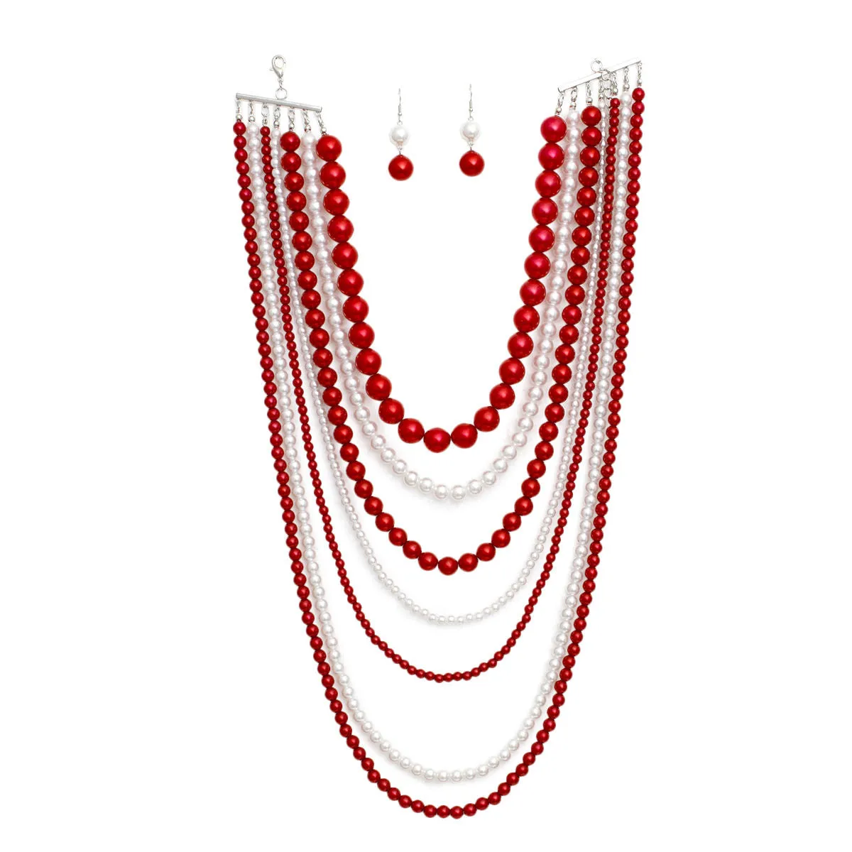 DST Sorority Inspired Red White Pearl Long 7 Row Necklace for Delta Sigma Theta