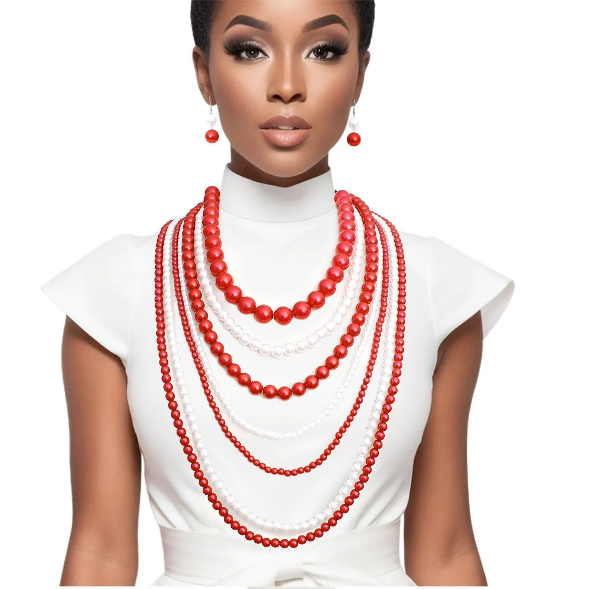 DST Sorority Inspired Red White Pearl Long 7 Row Necklace for Delta Sigma Theta