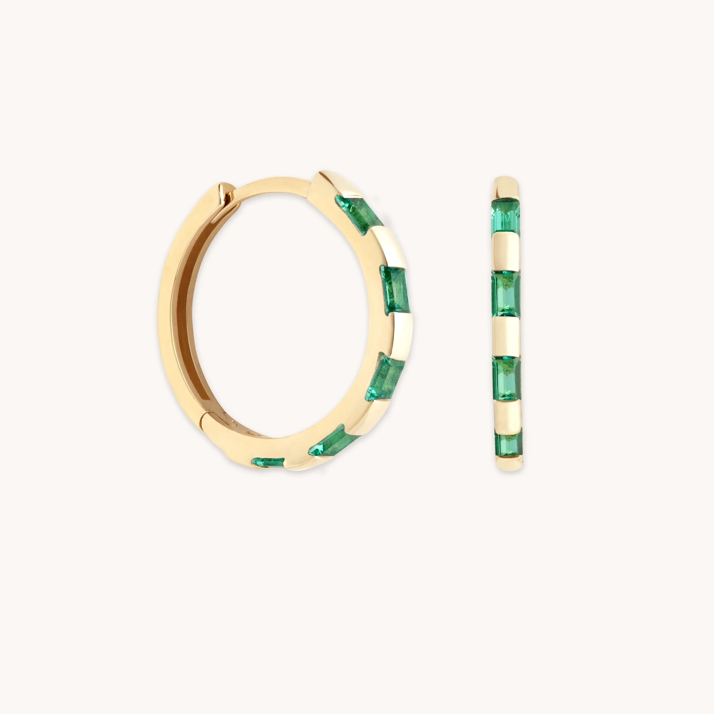 Emerald Baguette Hoops in Solid Gold