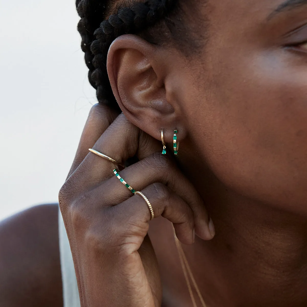 Emerald Baguette Hoops in Solid Gold