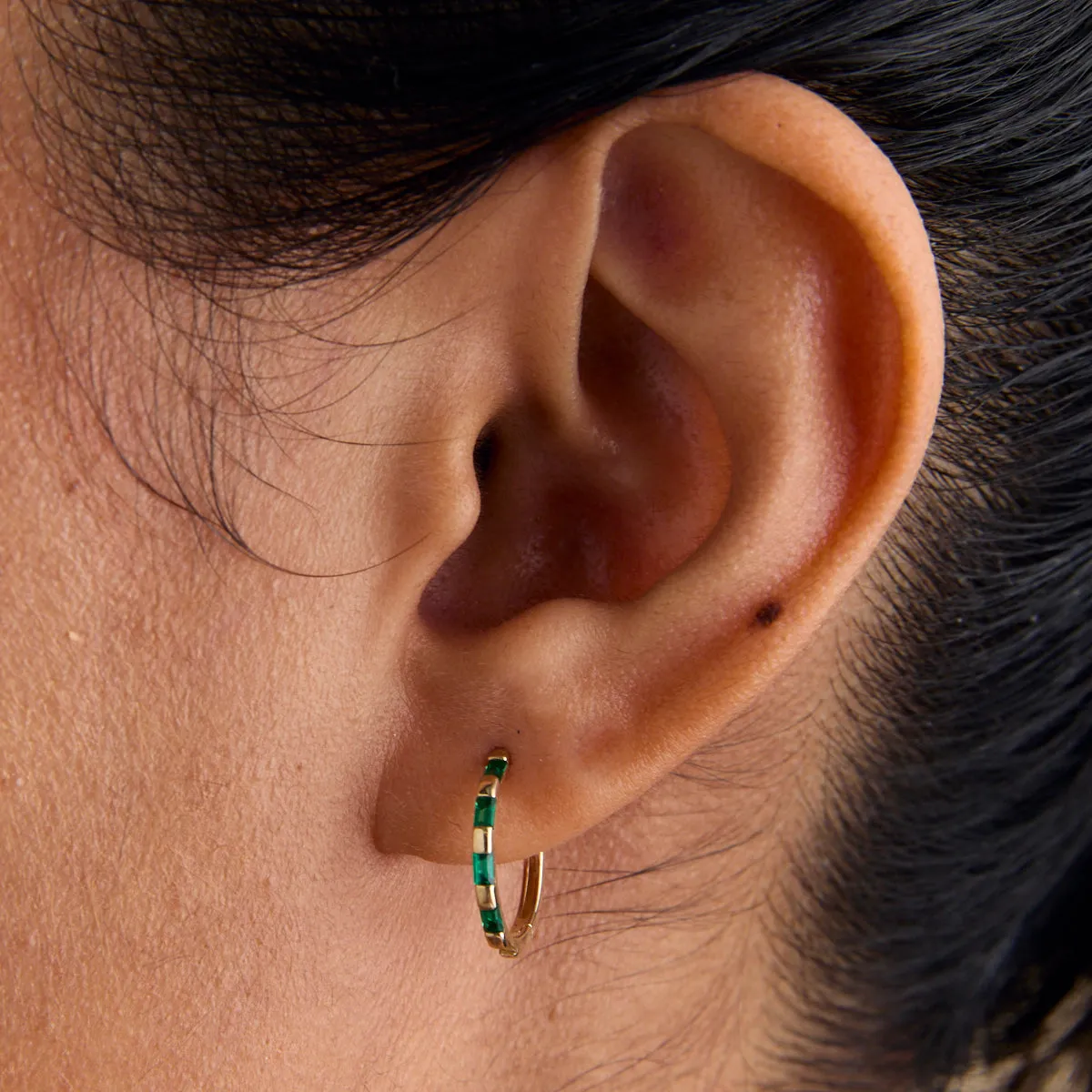 Emerald Baguette Hoops in Solid Gold