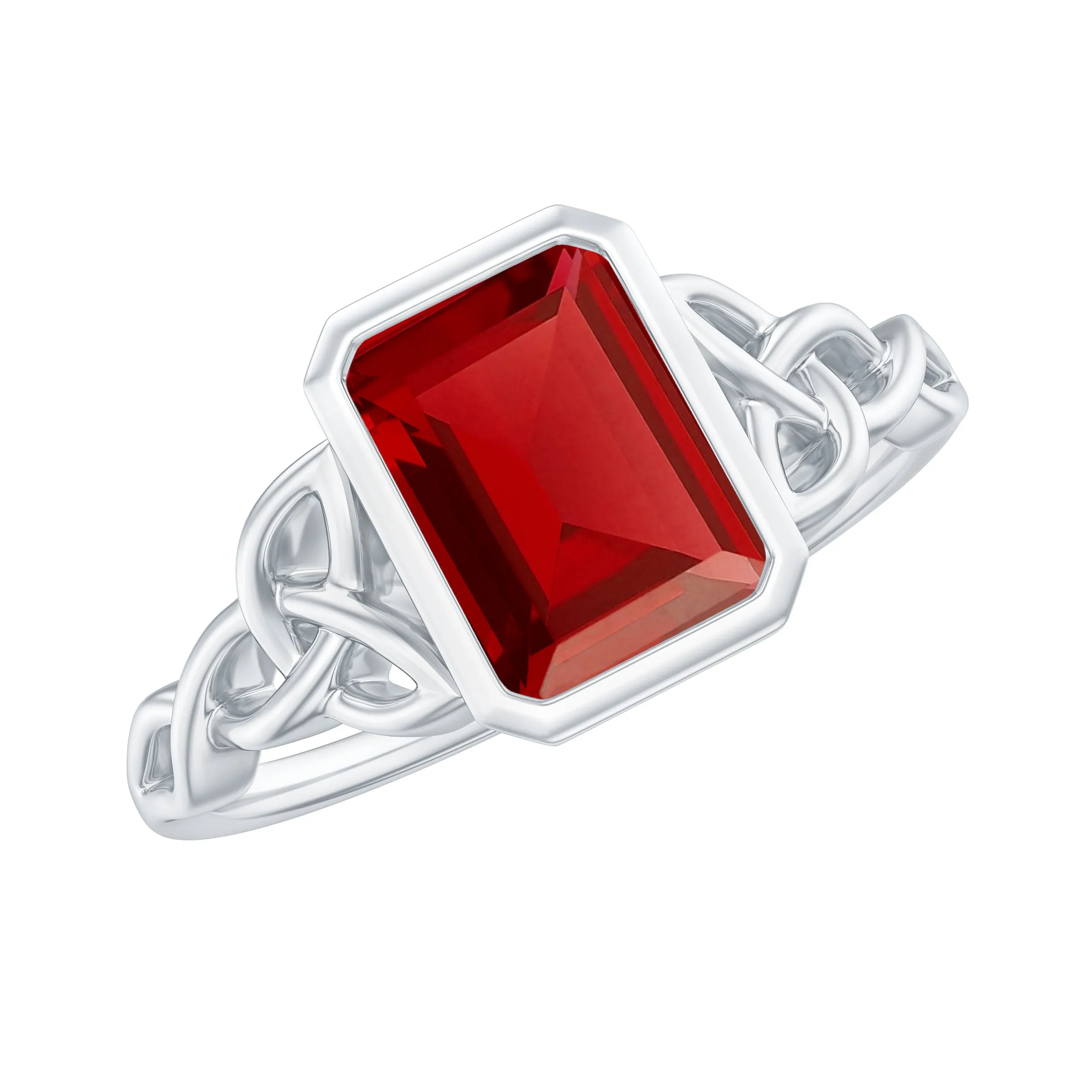 Emerald Cut Created Ruby Celtic Knot Ring with Surprise Diamond