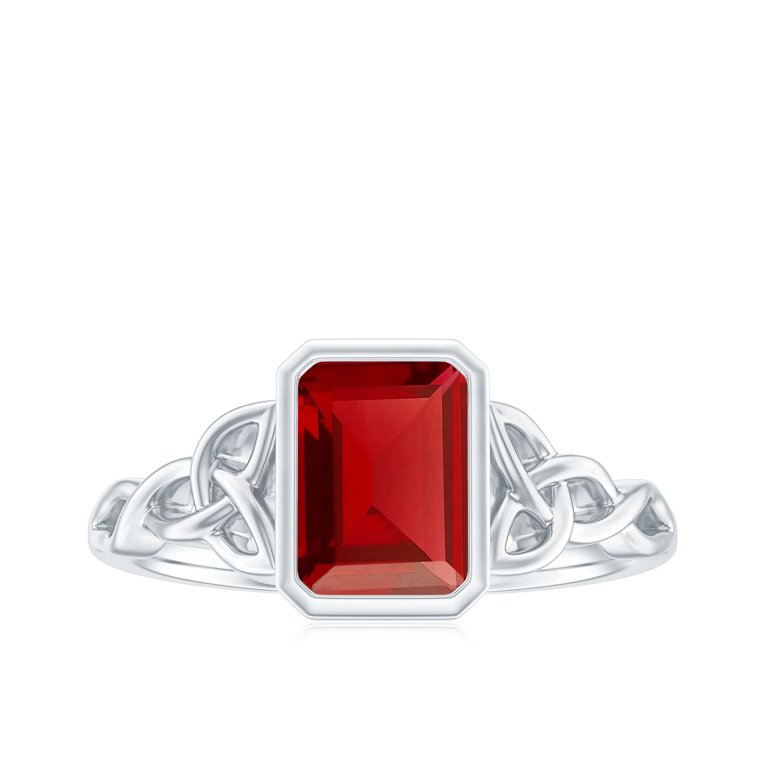 Emerald Cut Created Ruby Celtic Knot Ring with Surprise Diamond