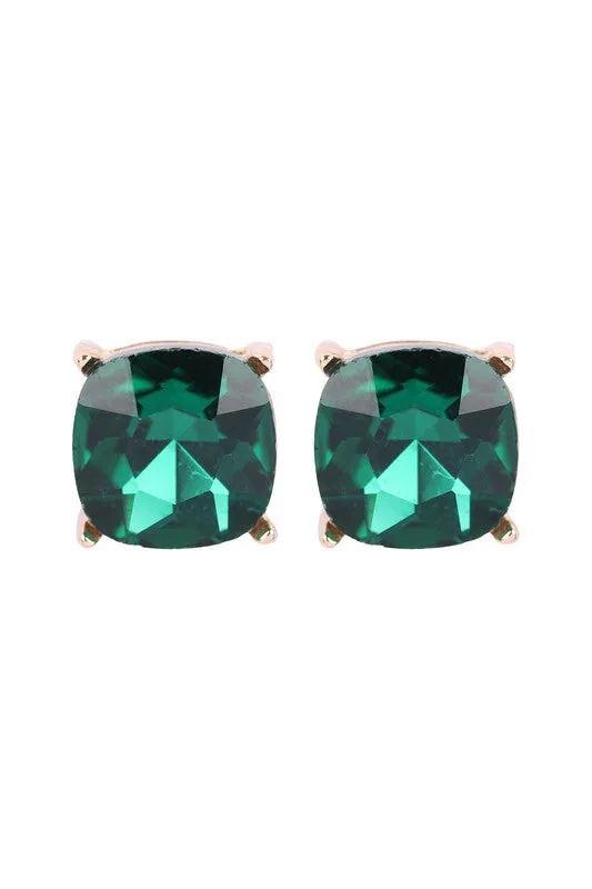 Emerald Glass Cushion Post Earrings