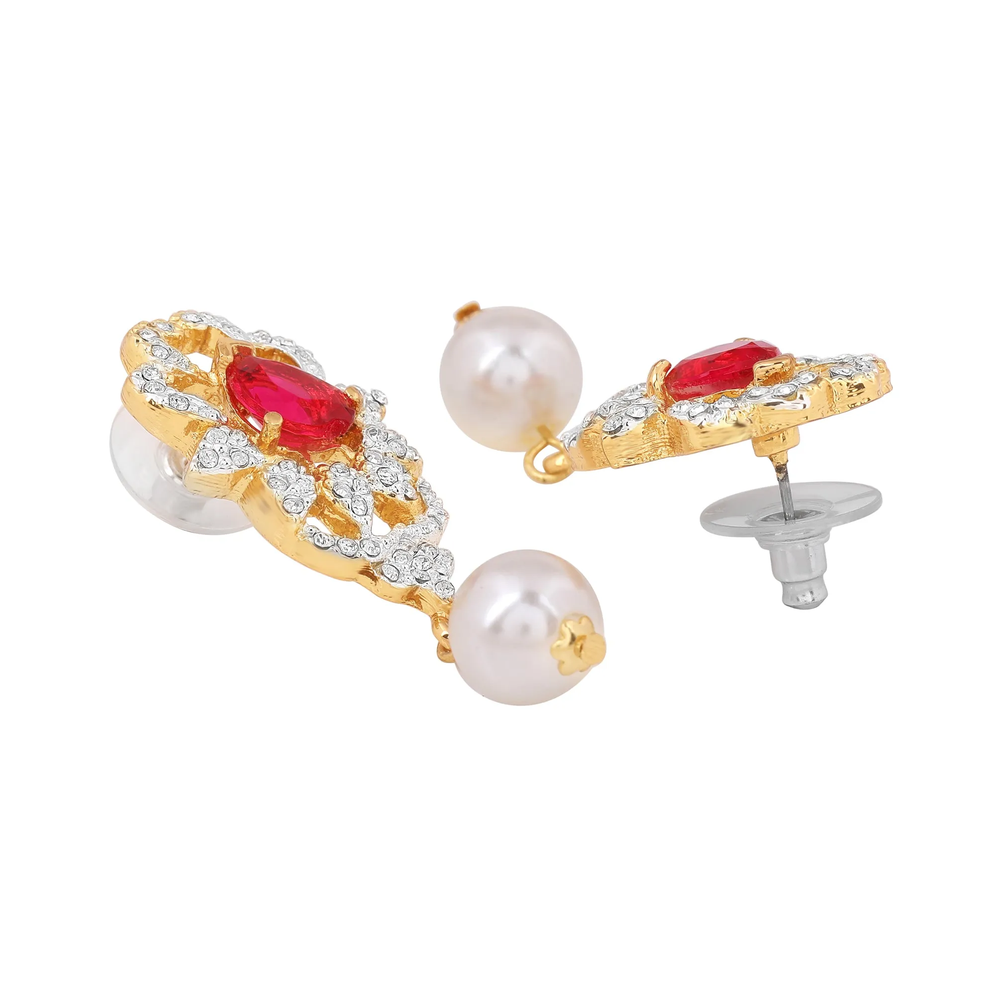 Estele Gold Plated Charming Pearls Necklace Set with Ruby Stones for Women