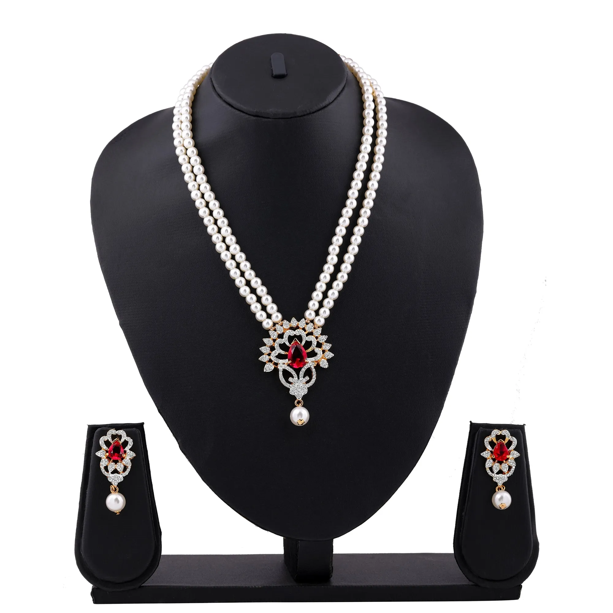 Estele Gold Plated Charming Pearls Necklace Set with Ruby Stones for Women