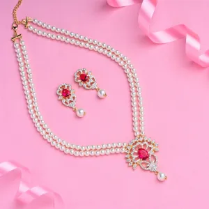 Estele Gold Plated Charming Pearls Necklace Set with Ruby Stones for Women