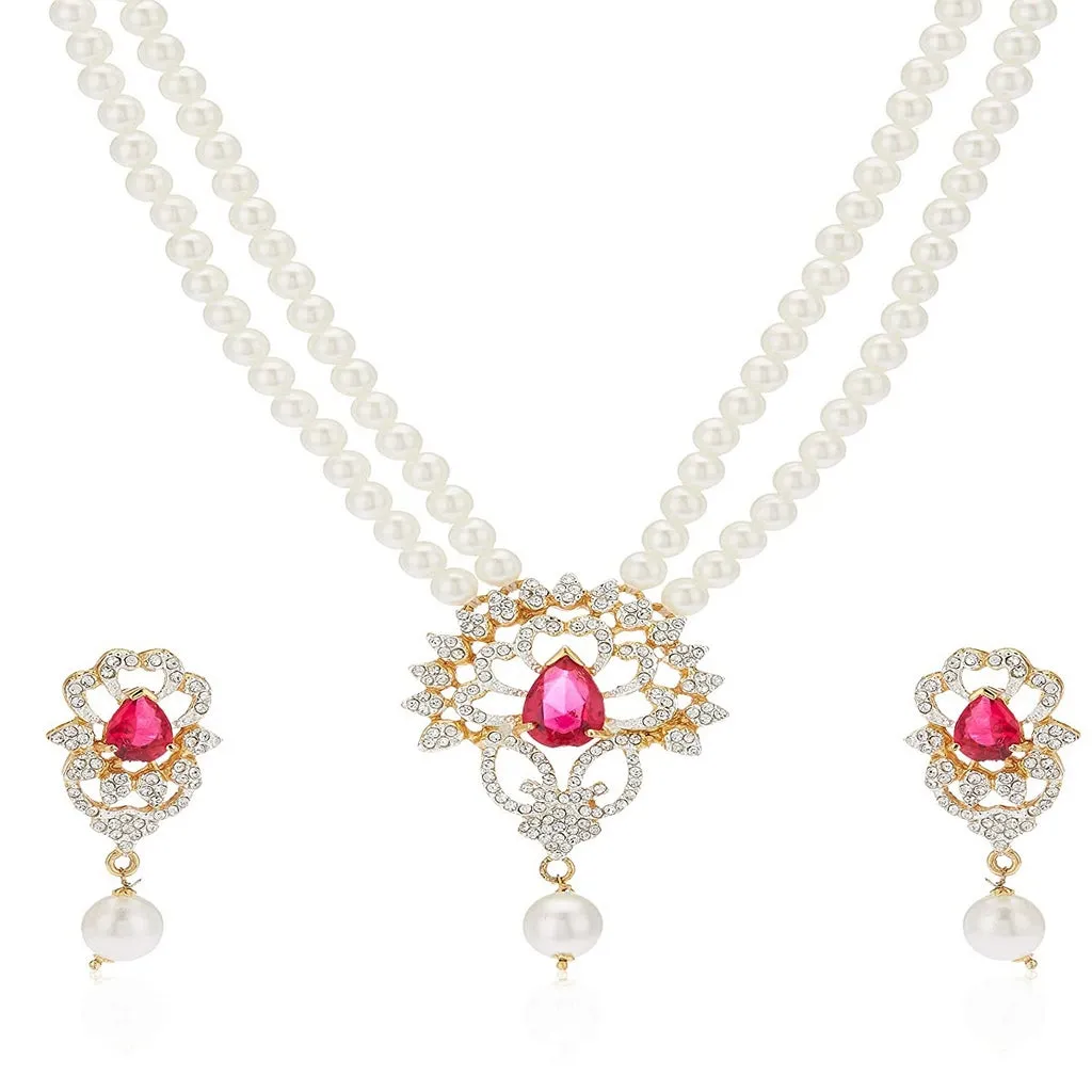 Estele Gold Plated Charming Pearls Necklace Set with Ruby Stones for Women