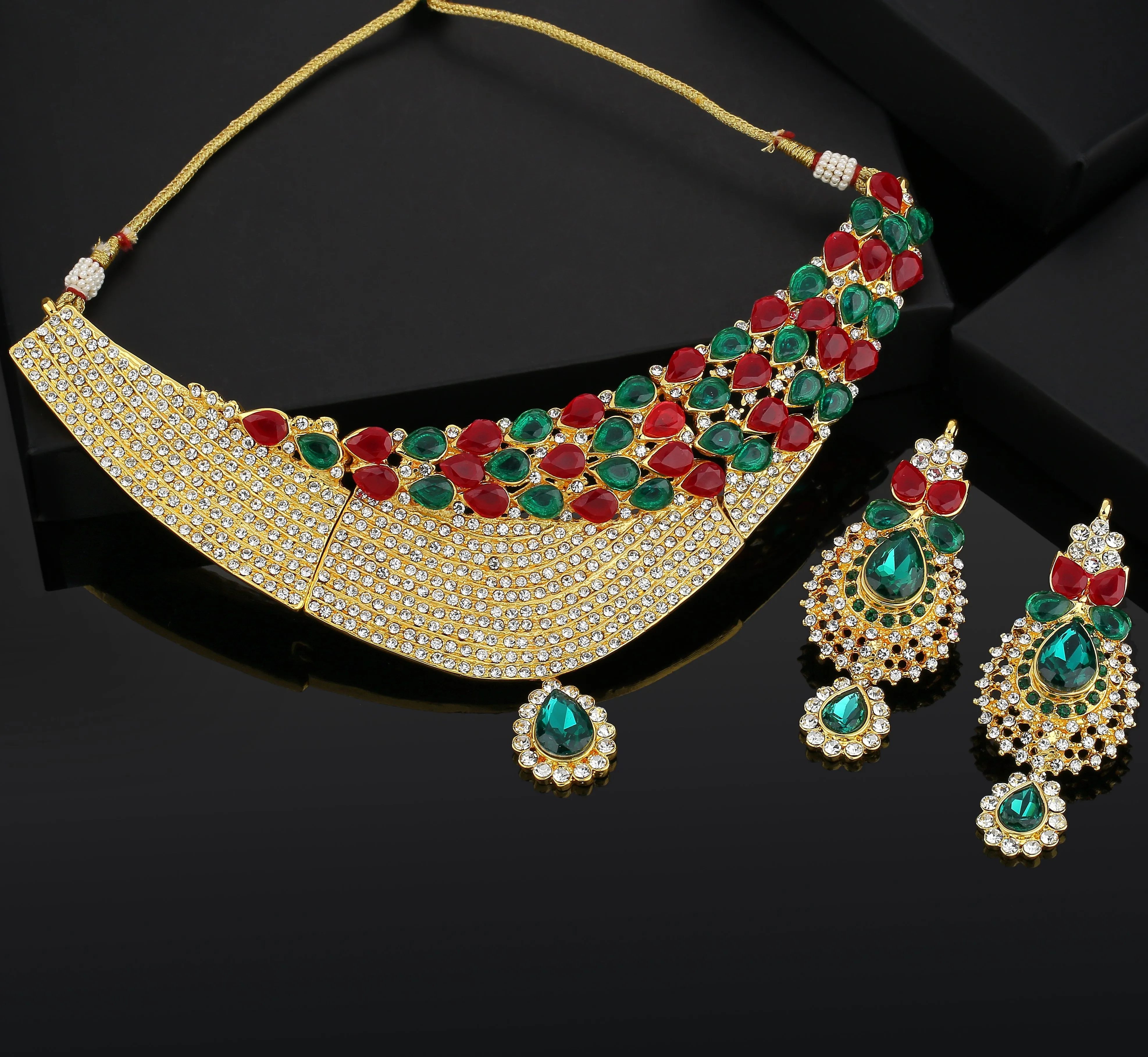 Estele - Ruby and Emerald Heavy Diamond Choker Necklace Set for Women