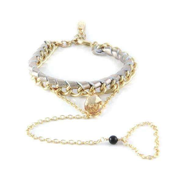 Ettika Leather and Chain Tear Drop Crystal Bracelet with Finger Sling