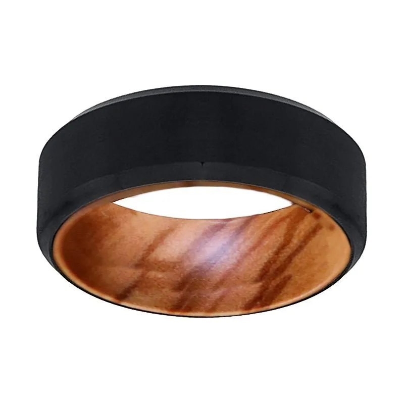 FASCIA | Olive Wood, Black Tungsten Ring, Brushed, Beveled