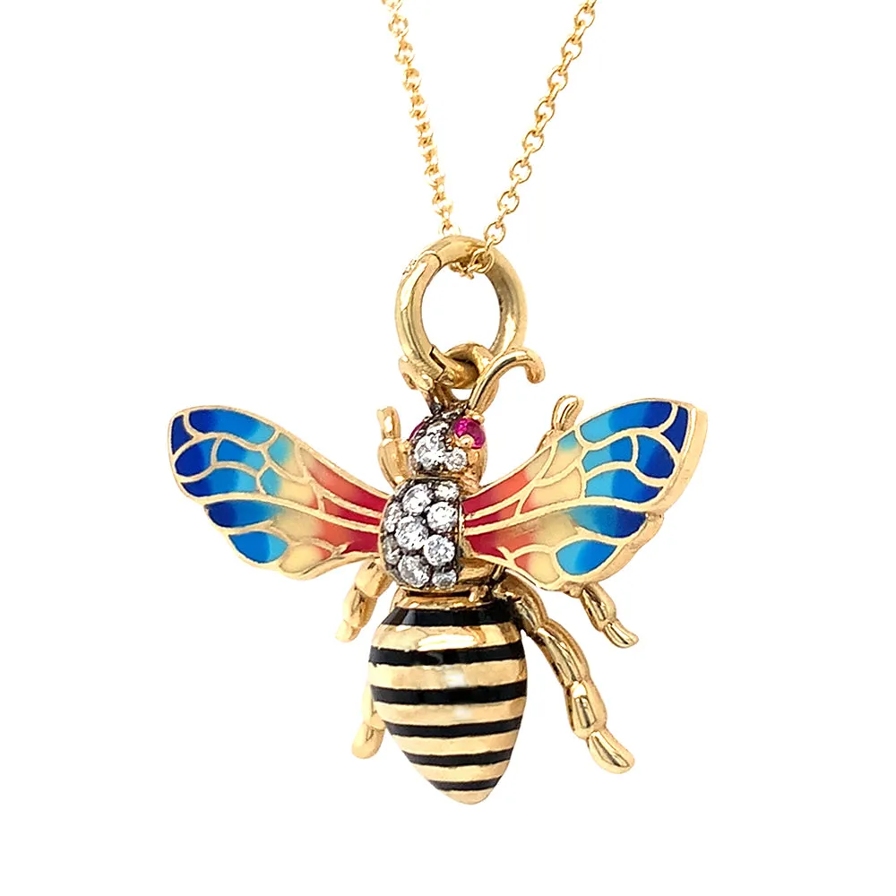 Fired Enamel, Diamond, & Ruby Necklace - "Signature Bee"