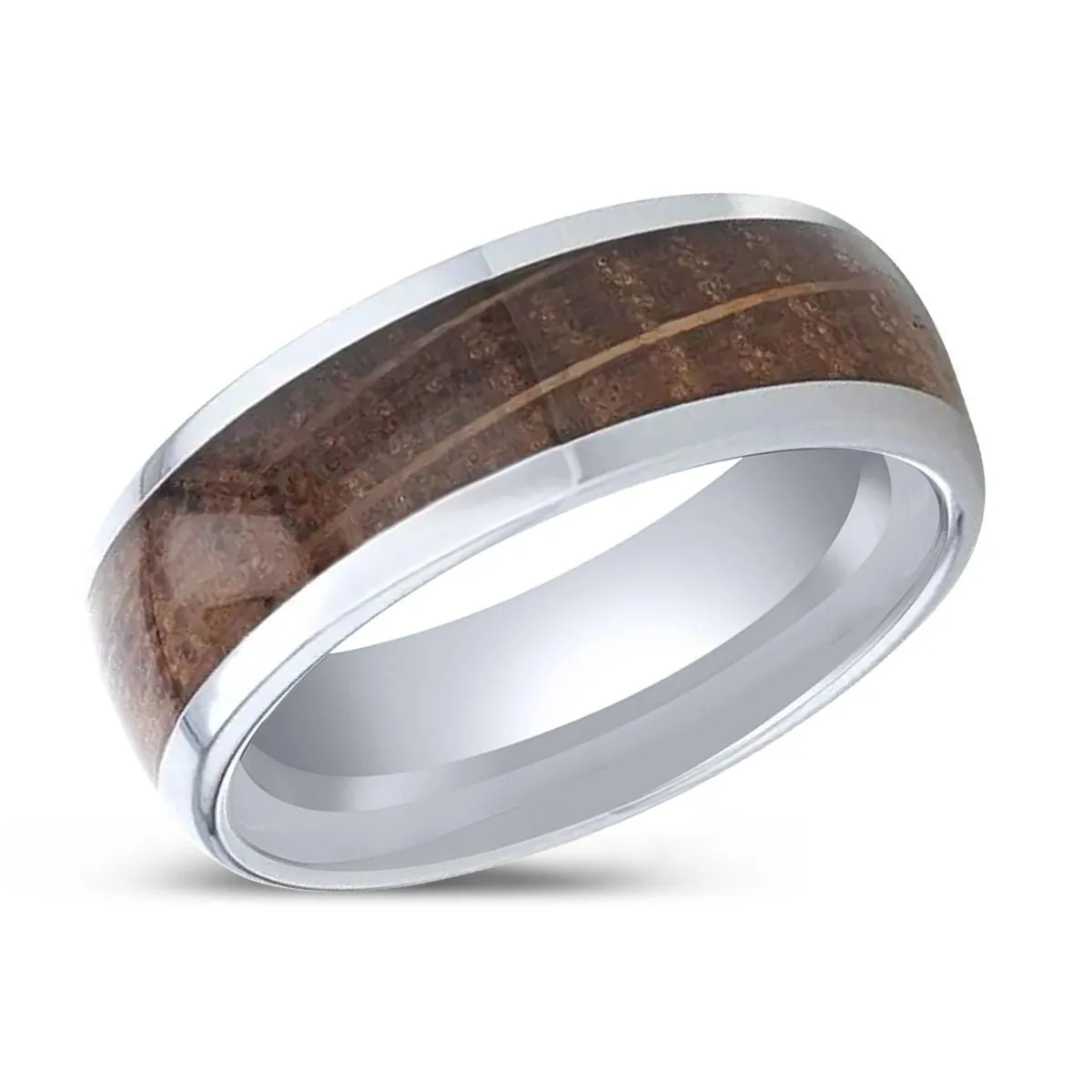 FORMENT | Tungsten Ring, Whiskey Barrel Inlaid, Domed Polished Edges