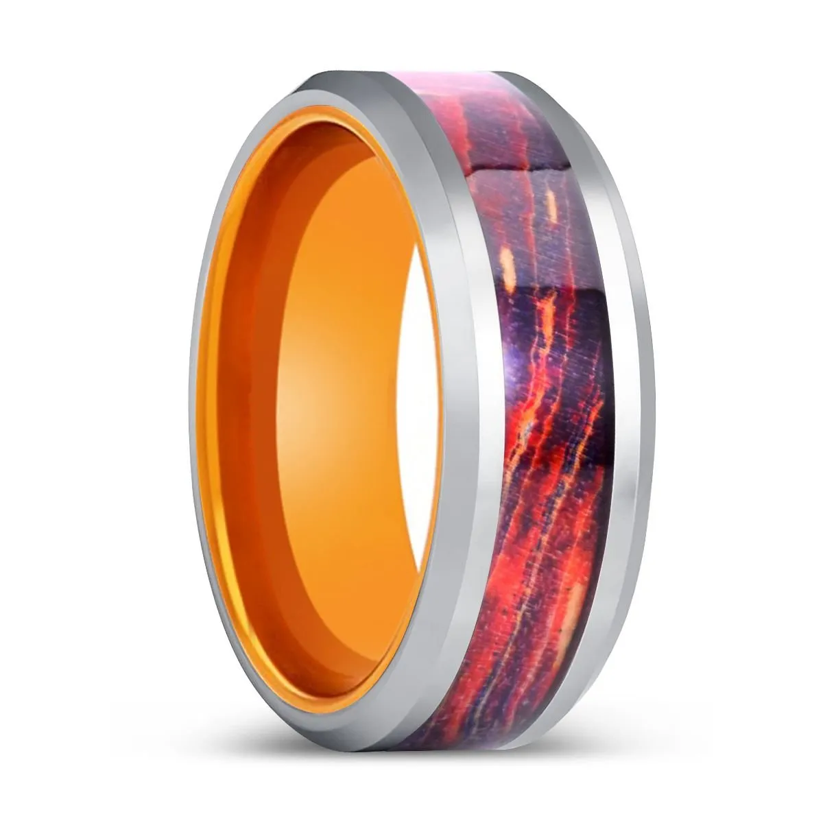 GALAXIUM | Orange Tungsten Ring, Galaxy Wood Inlay Ring, Silver Edges