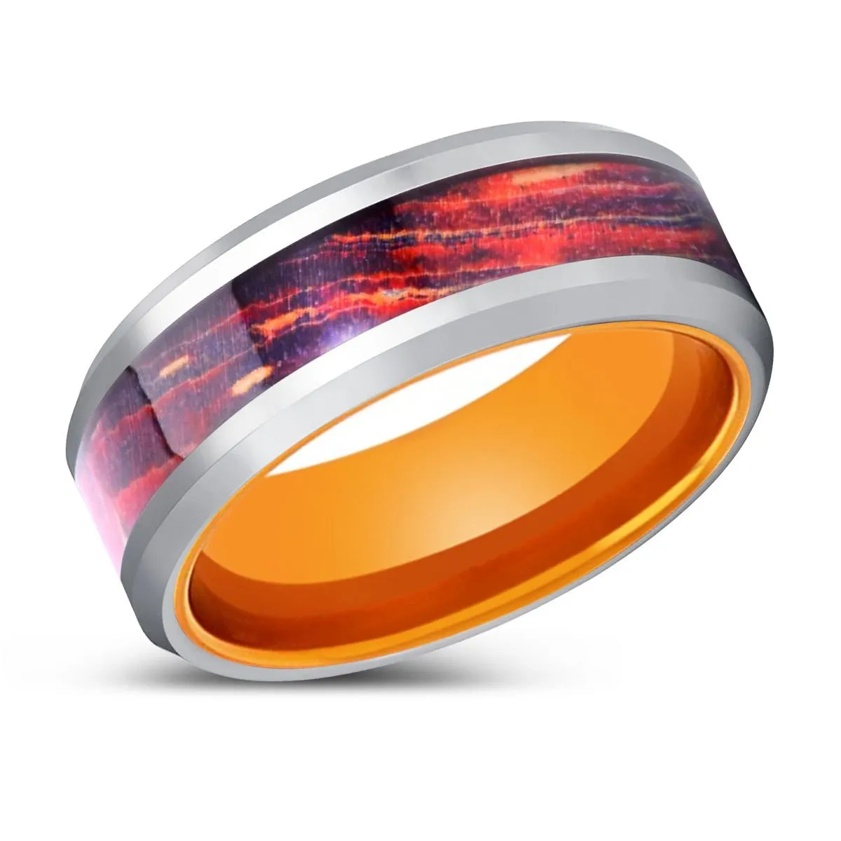 GALAXIUM | Orange Tungsten Ring, Galaxy Wood Inlay Ring, Silver Edges