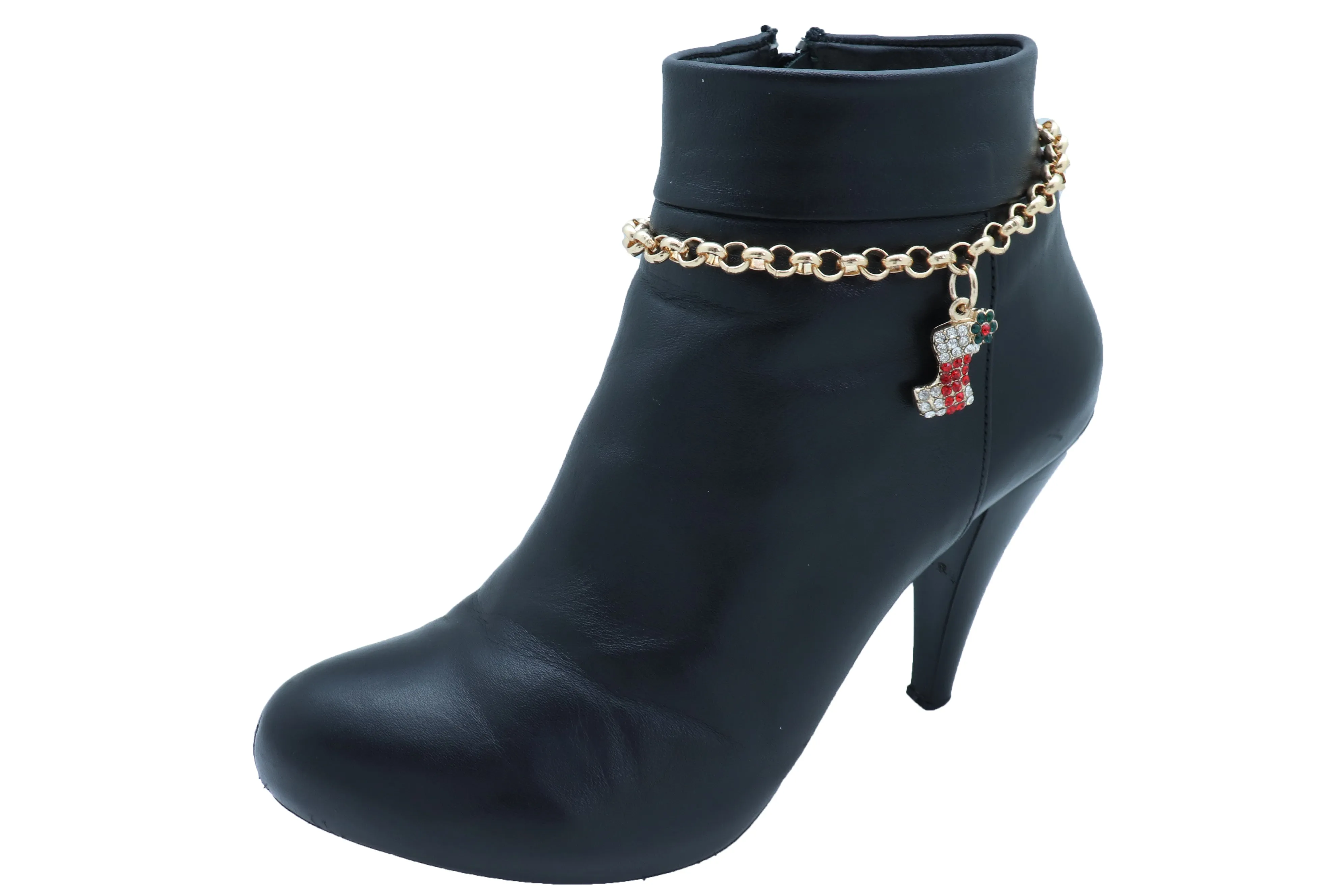 Gold Metal Chain Boot Bracelet Shoe Anklet Christmas Holiday Stocking Bling Charm